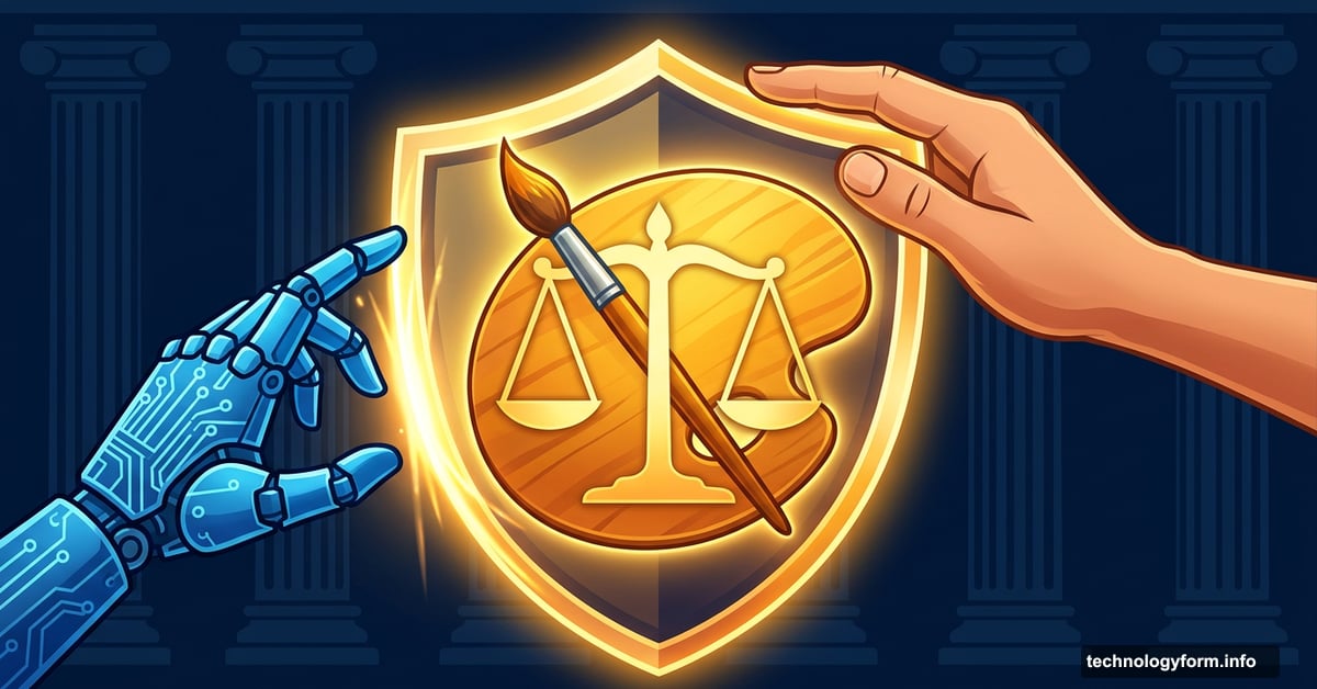 Human artist's hand triumphs over robot arm blocked by justice shield