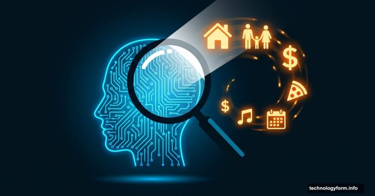 AI chatbot silhouette with magnifying glass revealing hidden personal data icons