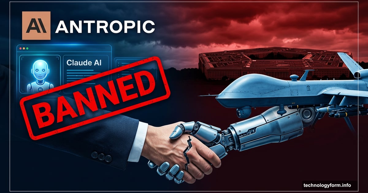 Anthropic banned stamp over Pentagon silhouette with broken robot handshake