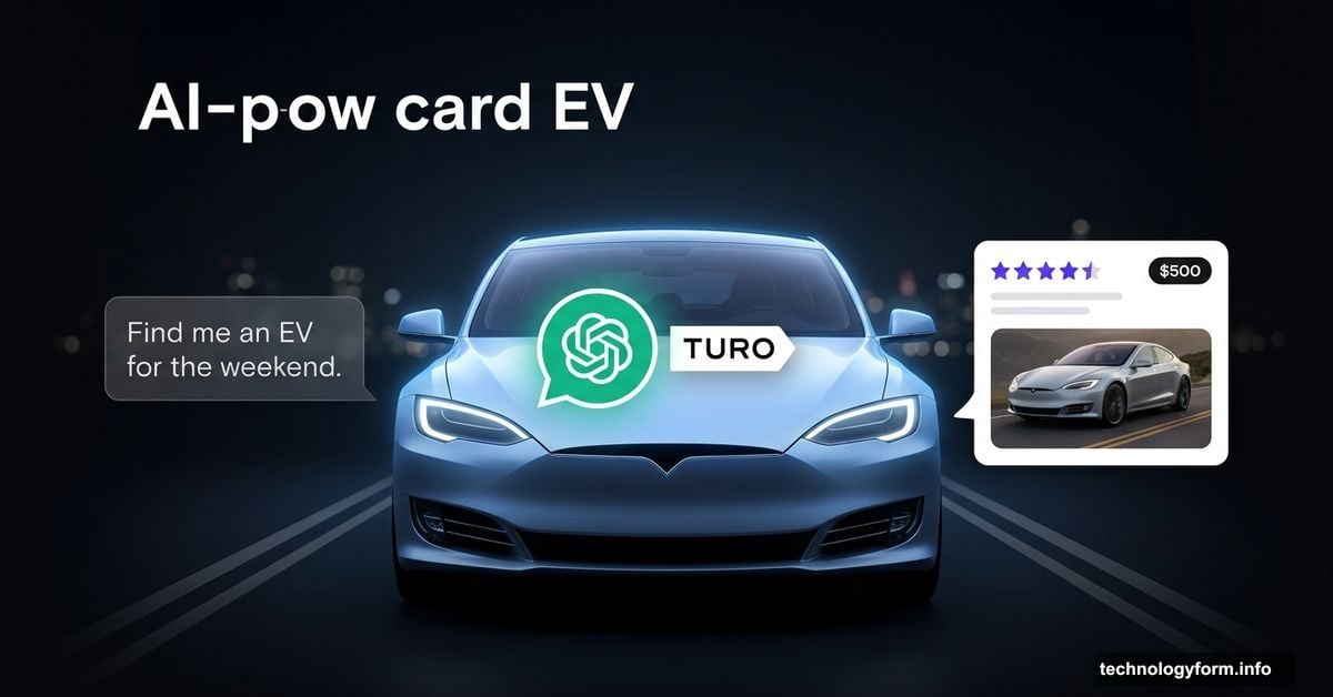 Electric car with ChatGPT chat bubble representing Turo AI rental search