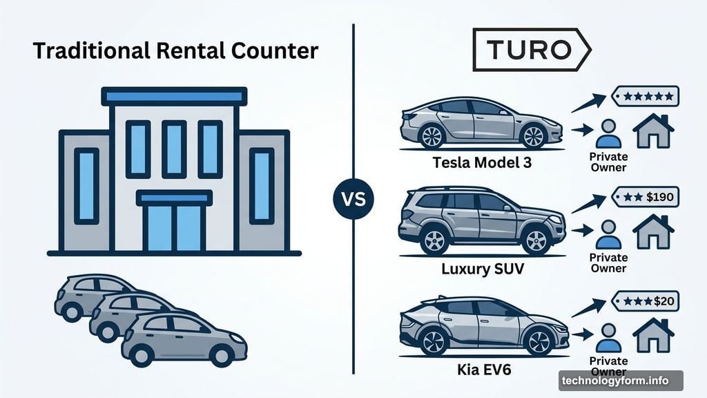 Turo private owner car listings versus traditional rental counter identical compacts