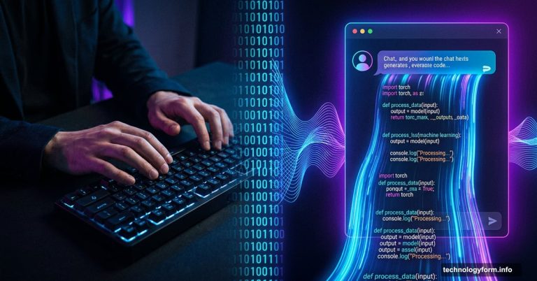 Human hands fading as AI code interface glows brighter beside them