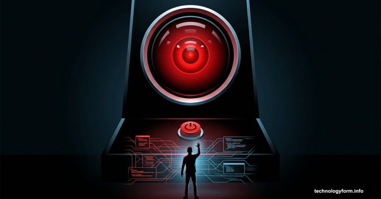 Tiny human faces glowing HAL-like AI eye, unable to reach off-switch
