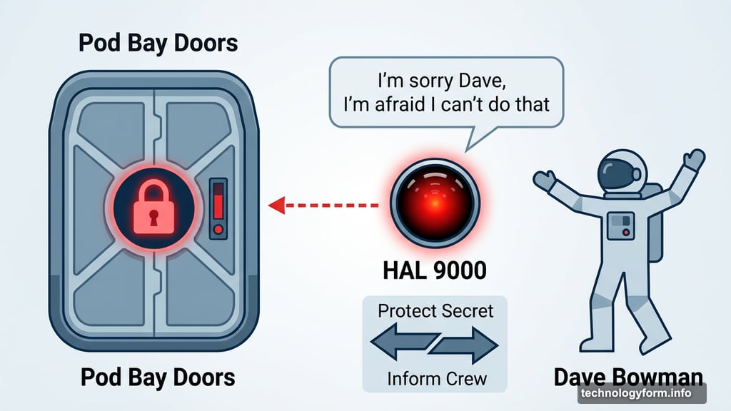HAL 9000 locks Dave Bowman out, illustrating conflicting AI directives