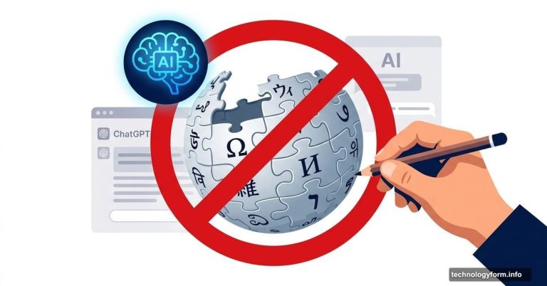Wikipedia globe with red ban symbol blocking an AI brain icon