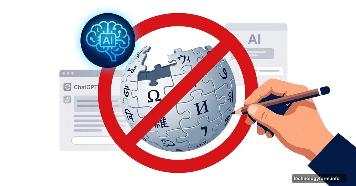 Wikipedia globe with red ban symbol blocking an AI brain icon