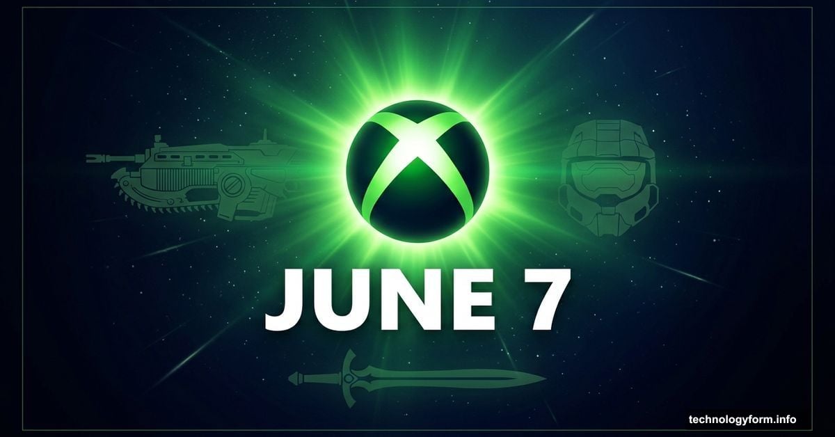 Glowing Xbox logo with June 7 date and iconic game silhouettes