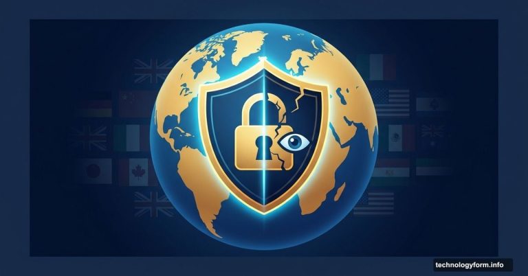 VPN shield over globe split between privacy protection and surveillance risk