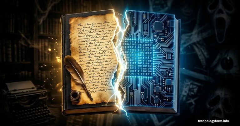 A book split in half revealing human writing versus AI circuitry