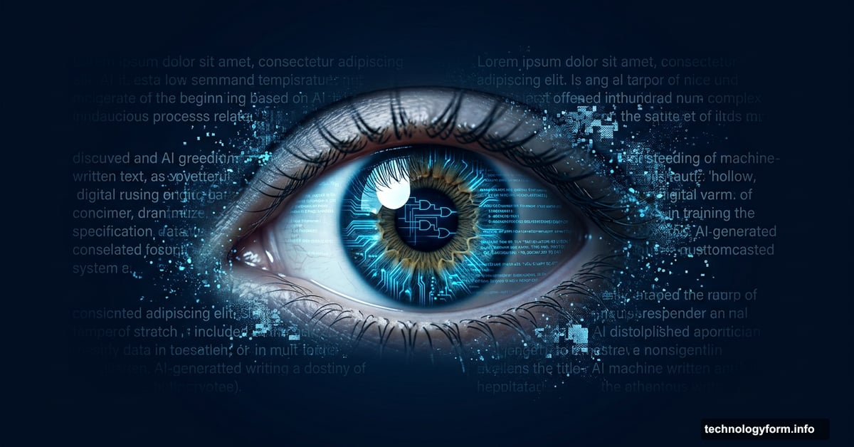 A sharp human eye seeing through hollow AI-generated text