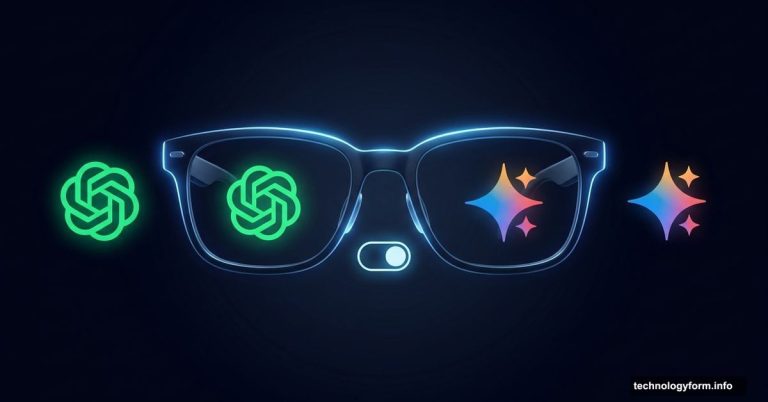Smart glasses flanked by ChatGPT and Gemini logos with toggle switch