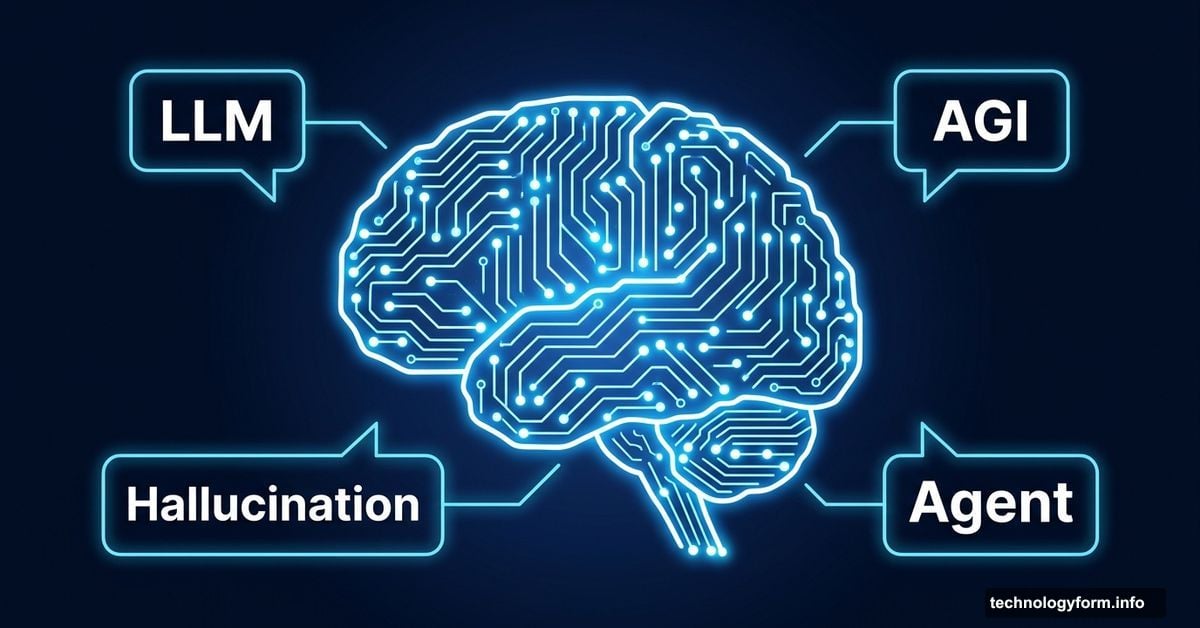 Glowing AI brain surrounded by key jargon terms in speech bubbles