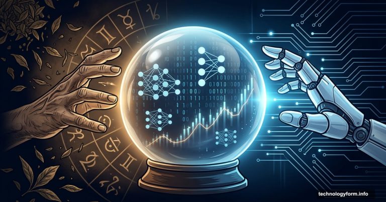 Crystal ball merging ancient tea leaves with AI neural networks