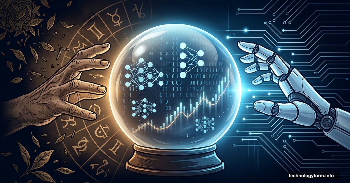 Crystal ball merging ancient tea leaves with AI neural networks