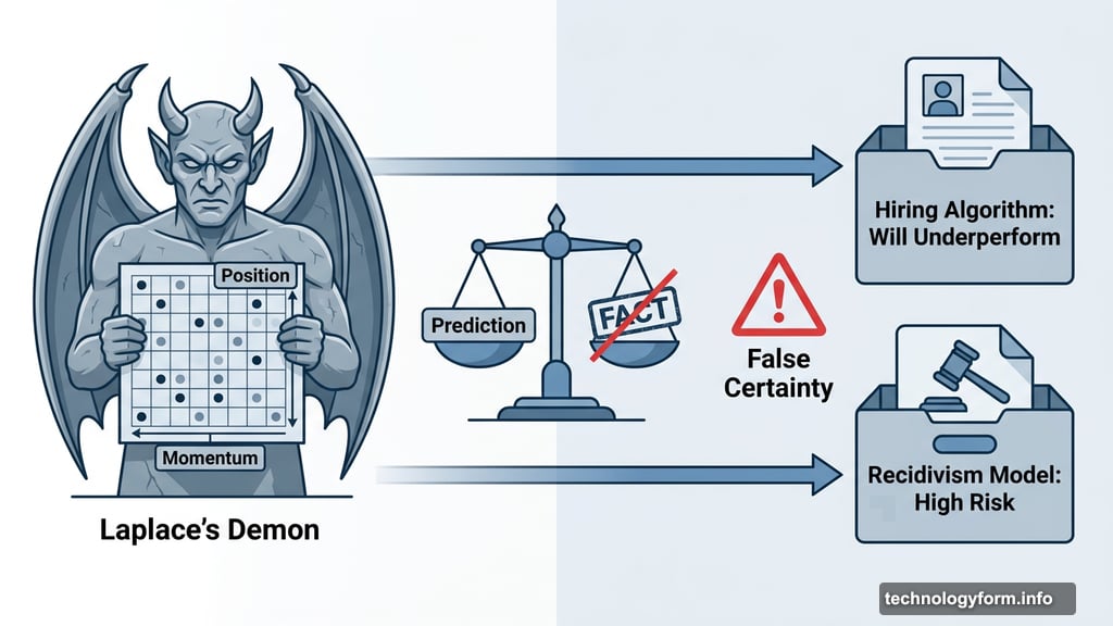 Laplace's demon powers hiring and recidivism algorithms with false certainty
