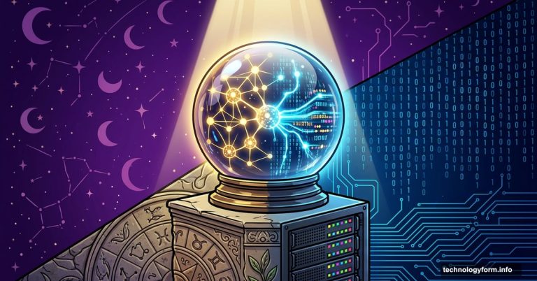 Crystal ball merging ancient oracle symbols with AI neural network data
