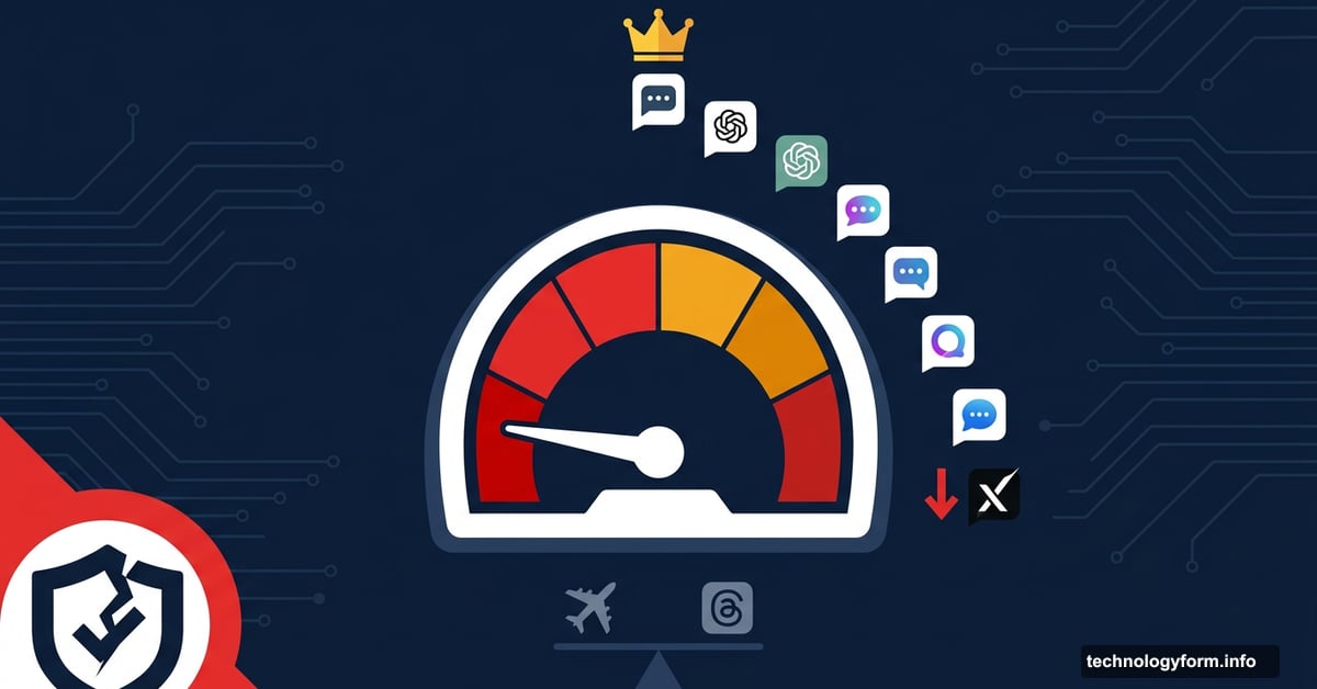 Trust meter gauge showing AI ranked below airlines, Grok last