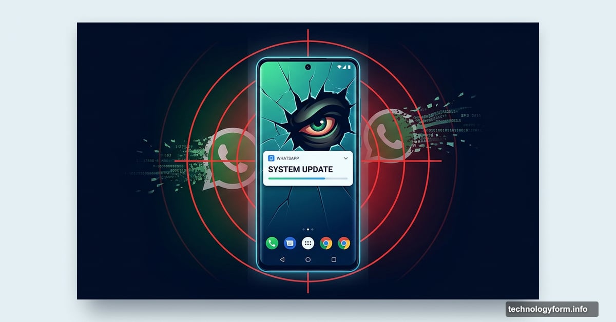 Android phone with hidden spyware eye exposed behind fake update screen