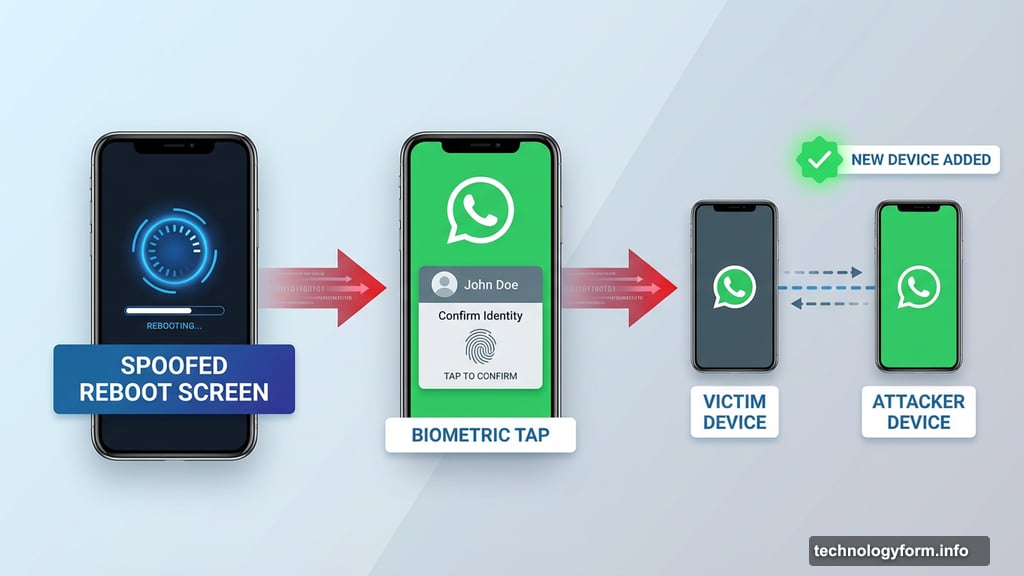 Morpheus spoofs WhatsApp interface to add attacker device via biometrics