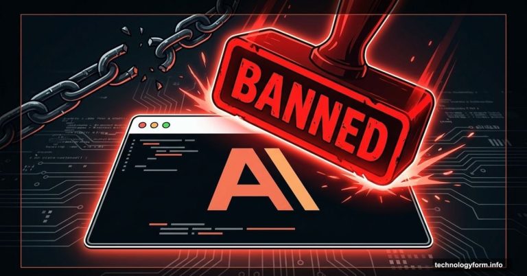 Red banned stamp striking Anthropic Claude logo on dark background