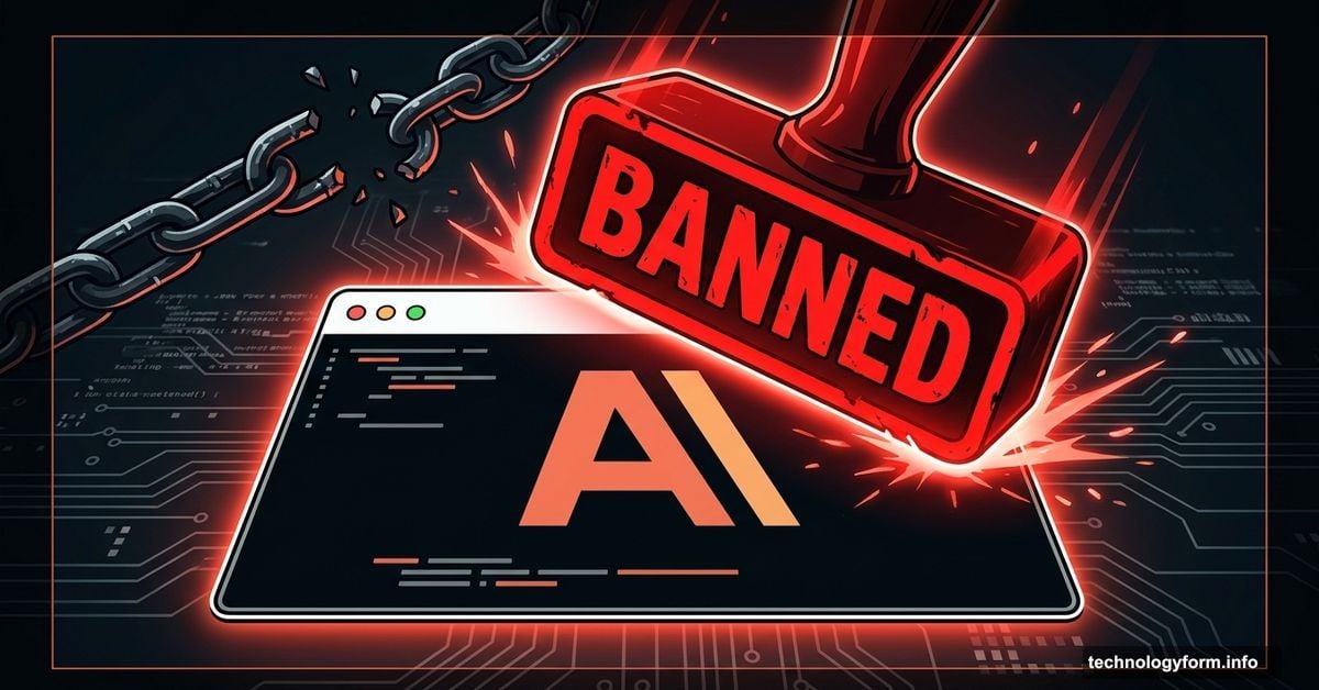 Red banned stamp striking Anthropic Claude logo on dark background