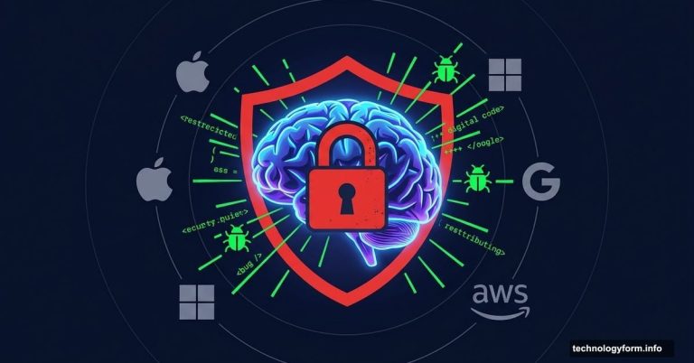 Locked AI brain shield surrounded by major tech company logos