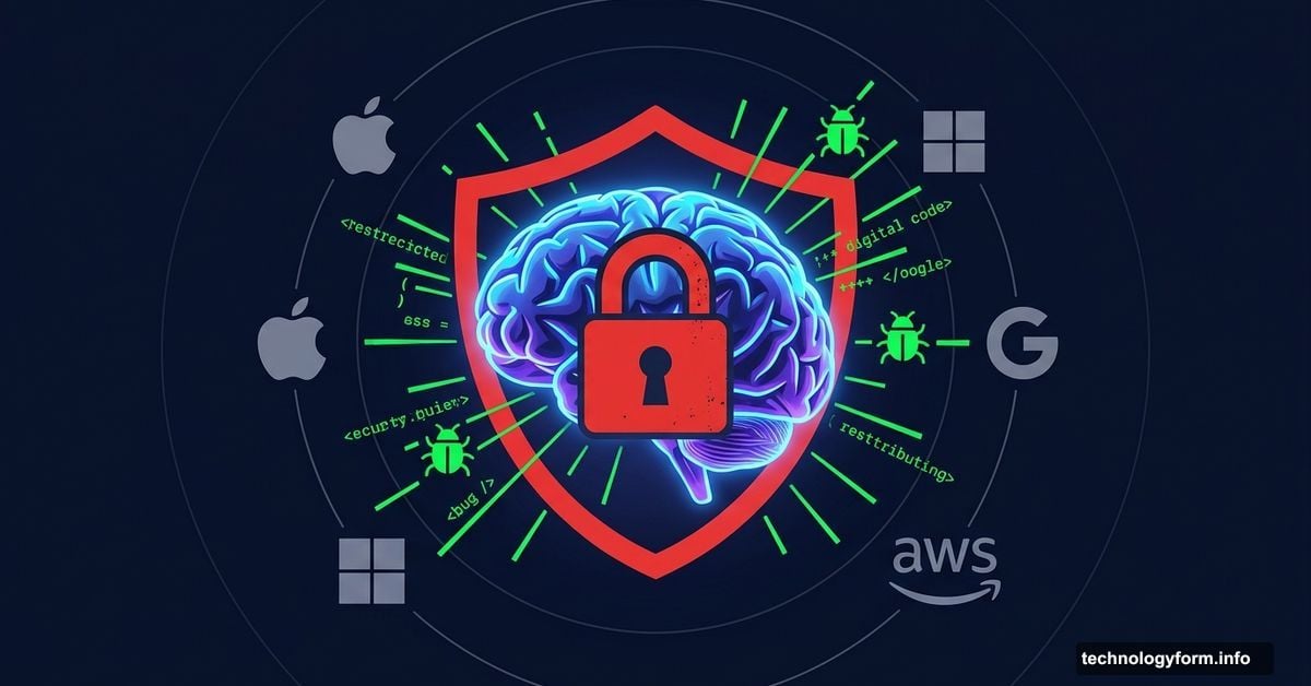 Locked AI brain shield surrounded by major tech company logos