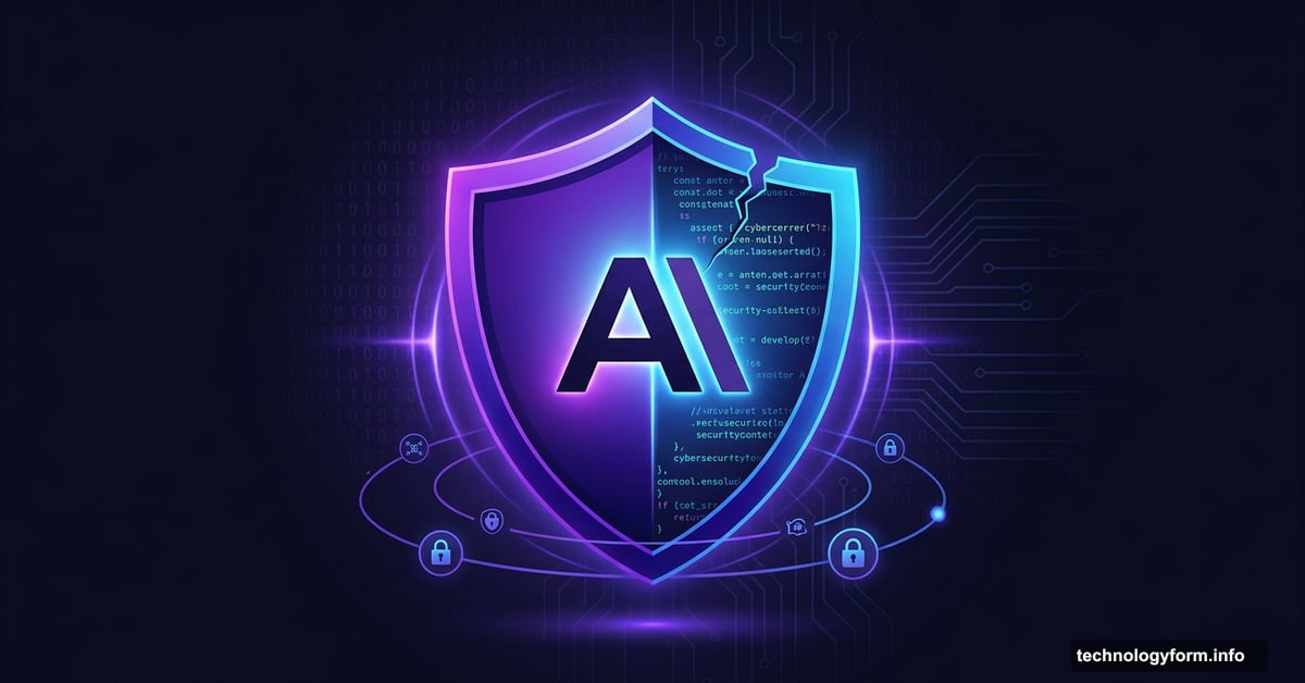 Glowing shield with Anthropic logo surrounded by cybersecurity symbols