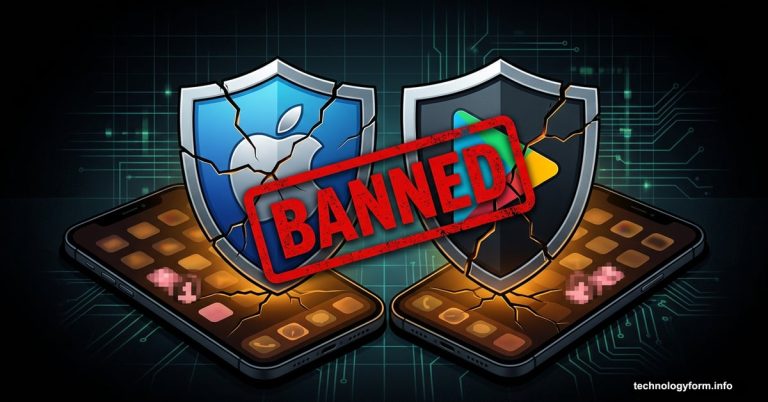 Cracked Apple and Google logos over banned nudify app screens