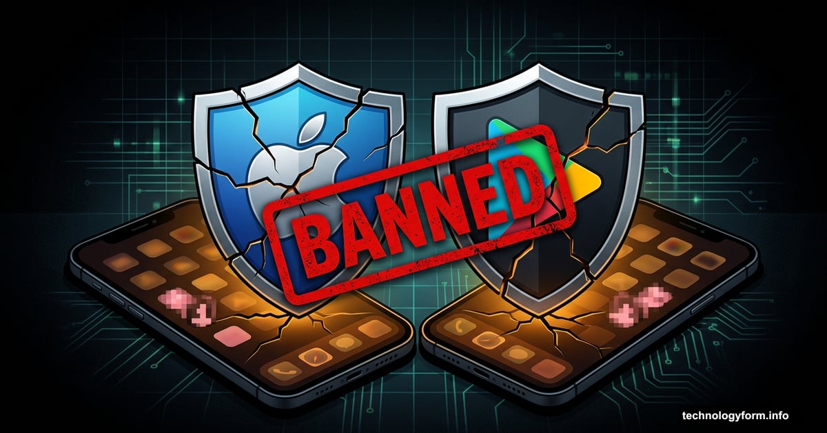 Cracked Apple and Google logos over banned nudify app screens