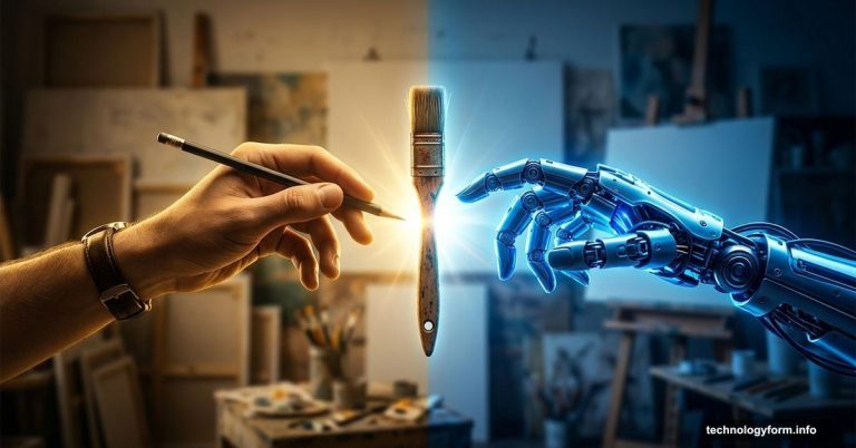 Human and AI hands competing for a paintbrush in art school