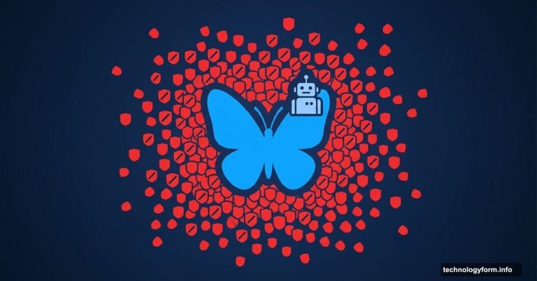 Bluesky butterfly logo surrounded by red block icons symbolizing user backlash