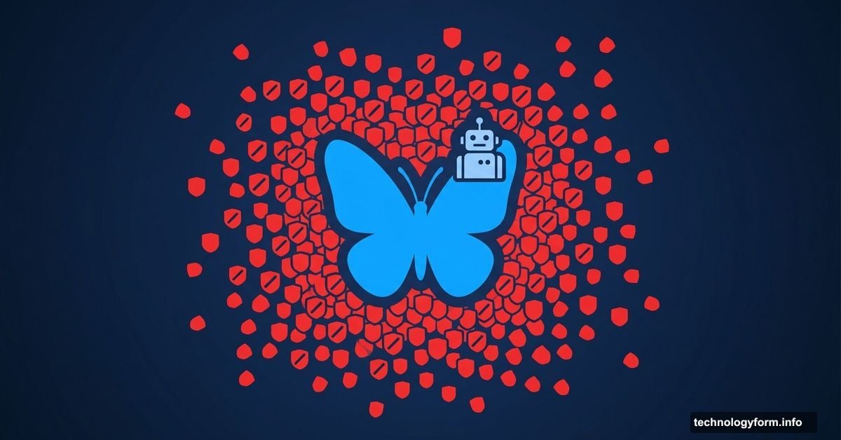 Bluesky butterfly logo surrounded by red block icons symbolizing user backlash