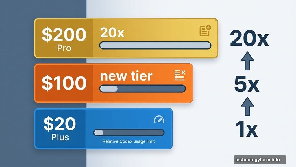 Three stacked ChatGPT subscription tiers Plus, new hundred-dollar, and Pro