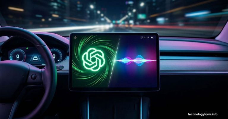 ChatGPT and Siri logos facing off on a CarPlay dashboard screen