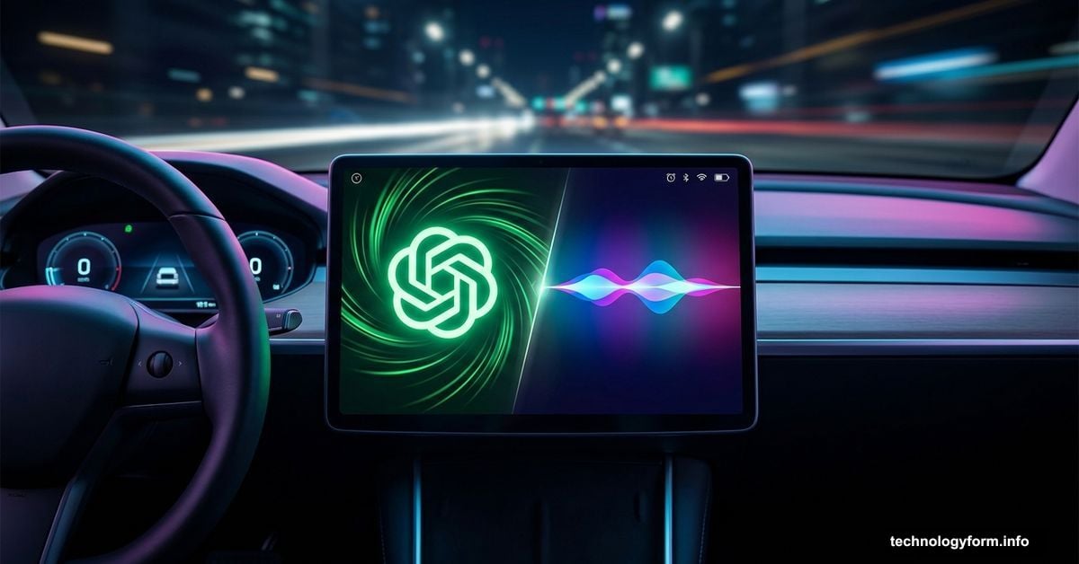 ChatGPT and Siri logos facing off on a CarPlay dashboard screen