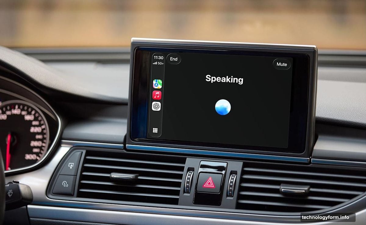 ChatGPT Voice Mode active on Apple CarPlay touchscreen dashboard