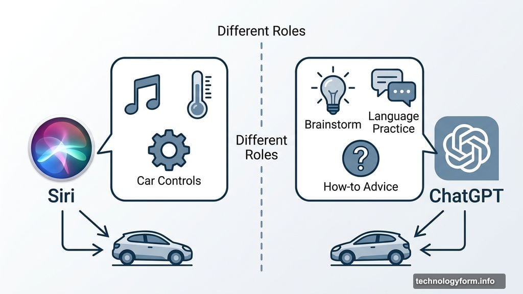 Siri controls car functions while ChatGPT handles conversation and brainstorming