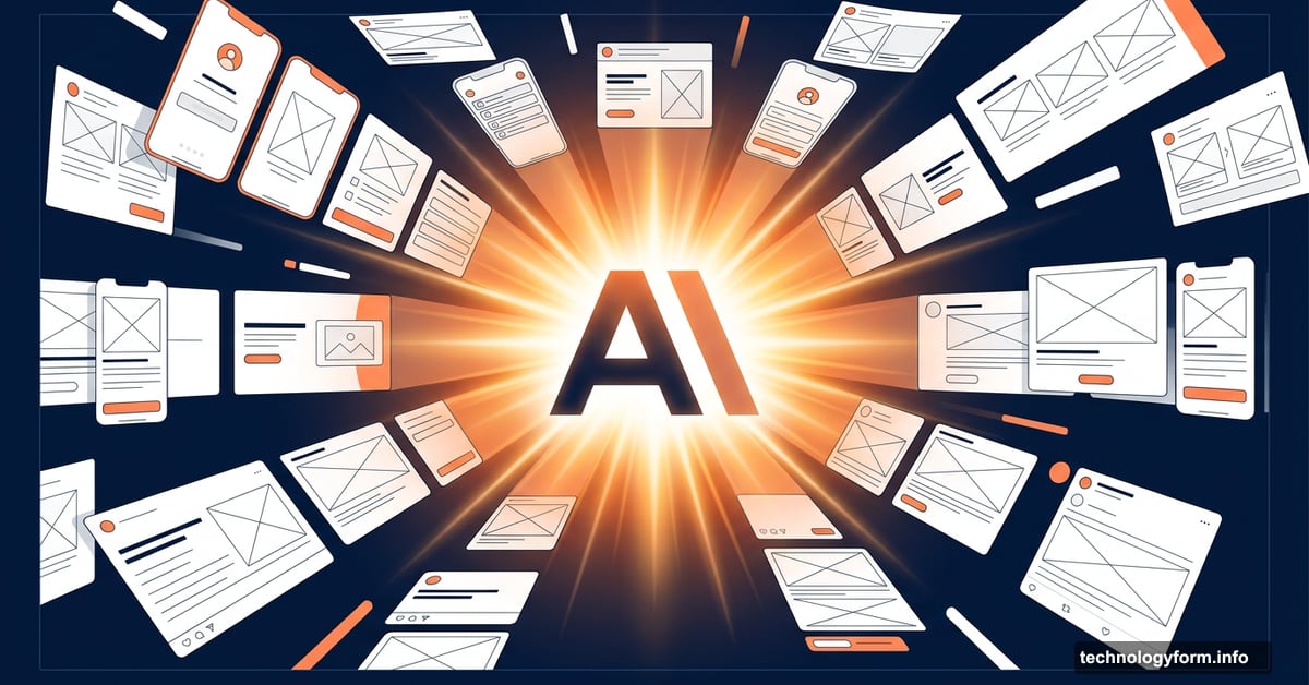 Claude AI logo transforming into UI wireframes and slide deck designs