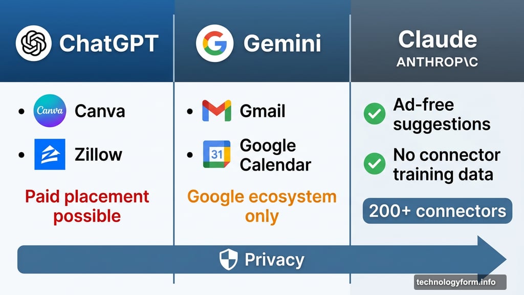 Claude versus ChatGPT and Gemini showing ad-free connectors and no training data