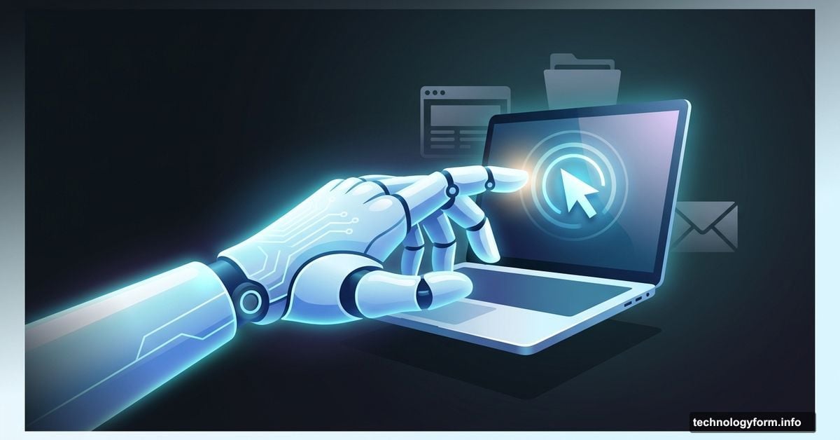 Glowing robotic hand clicking a laptop, symbolizing AI computer control