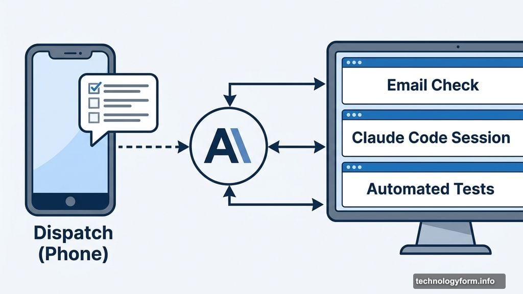 Dispatch on phone assigns Claude tasks including email, Claude Code, and tests