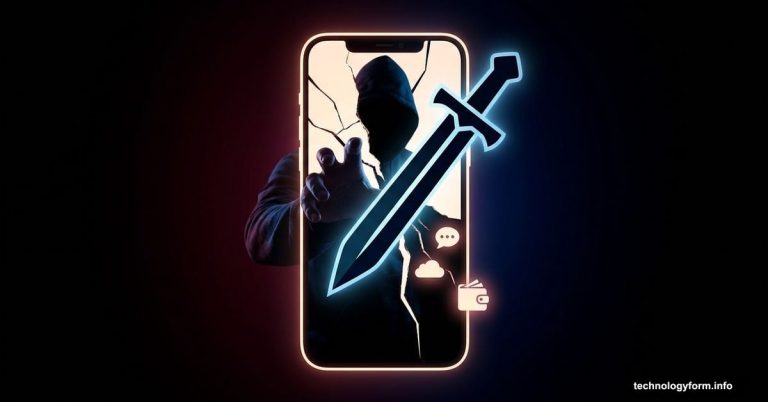 Cracked iPhone pierced by sword with shadowy hacker figure stealing data