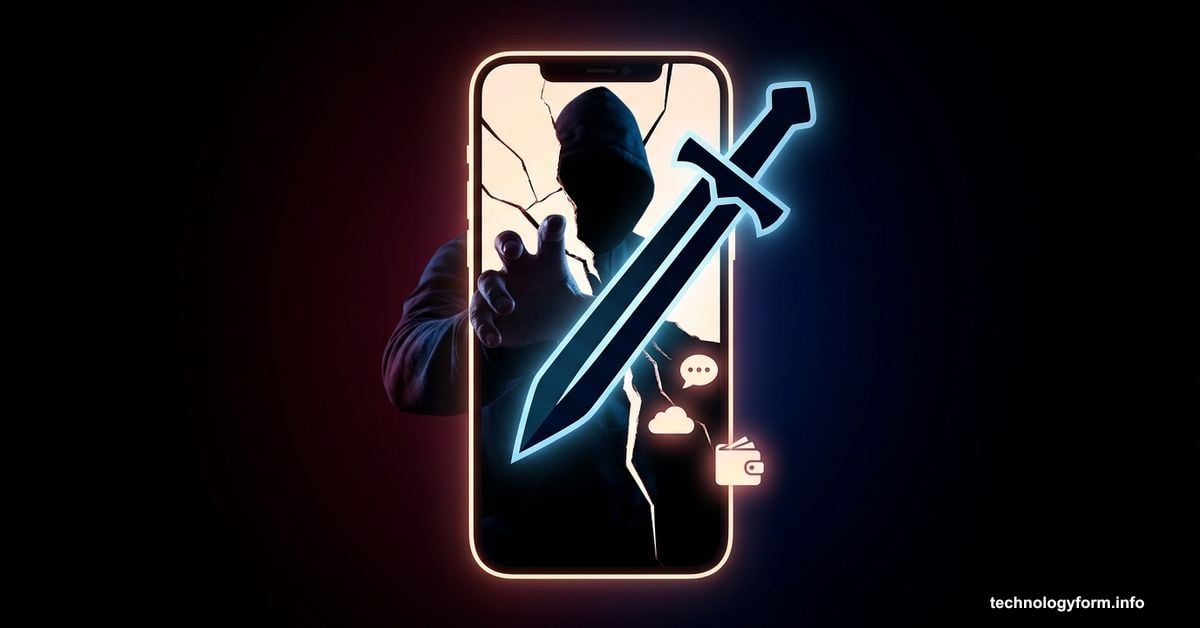 Cracked iPhone pierced by sword with shadowy hacker figure stealing data