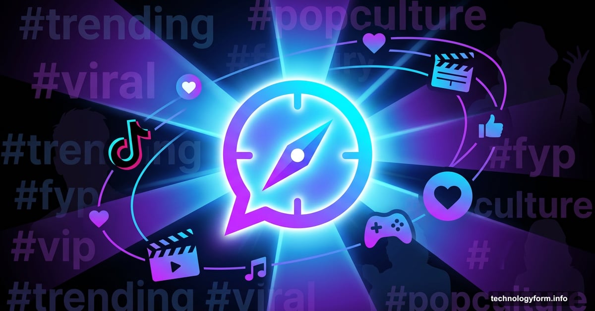 AI chat bubble as compass cutting through swirling pop culture chaos
