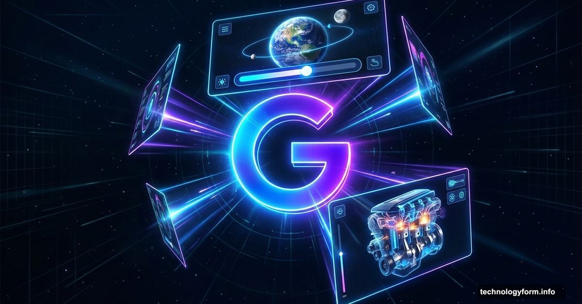 Gemini AI logo surrounded by glowing interactive educational visualization panels