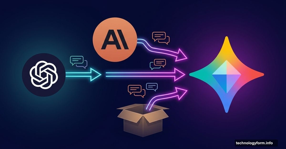 ChatGPT and Claude chat history migrating with arrows into Google Gemini