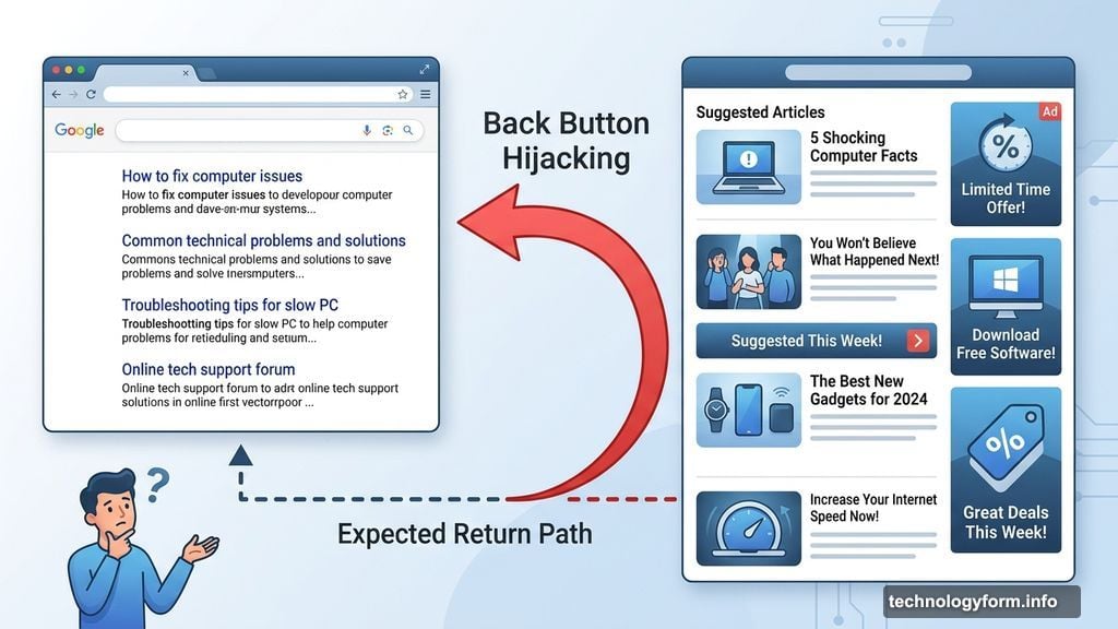 Back button hijacking intercepts browser navigation and inserts unwanted pages