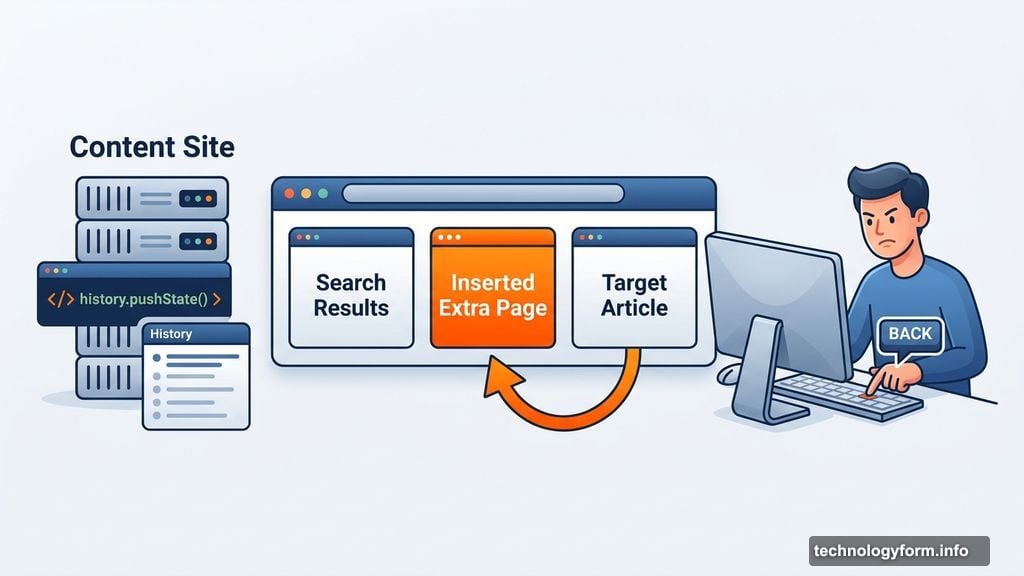 Browser history manipulation inserts deceptive extra page trapping returning users