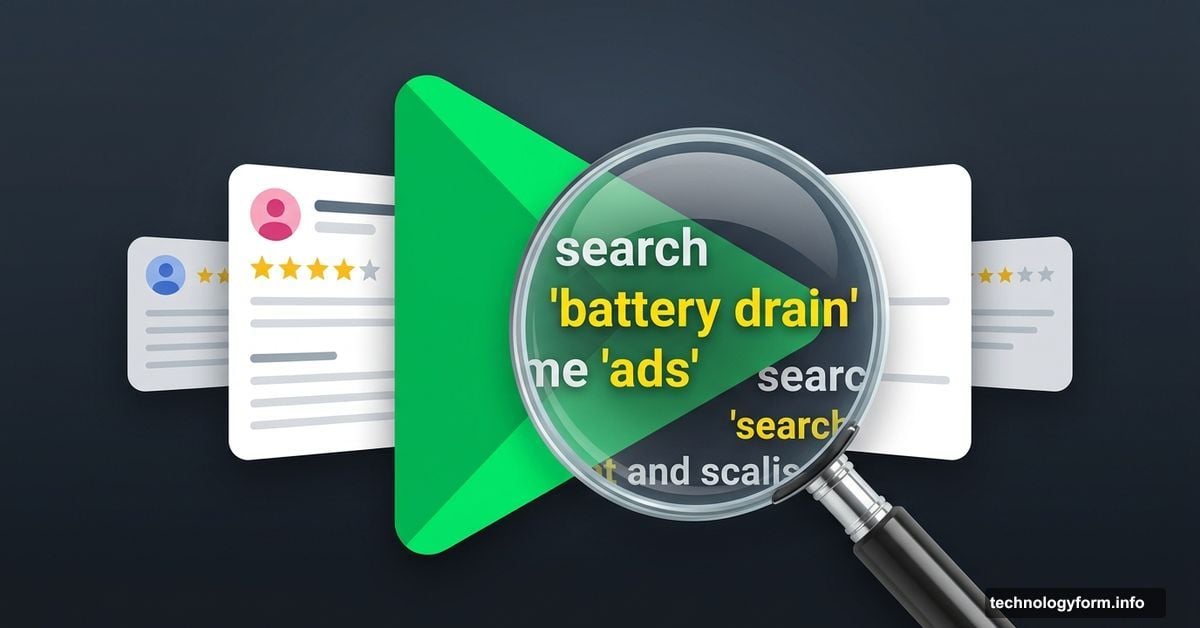 Google Play Store logo with magnifying glass searching through app reviews